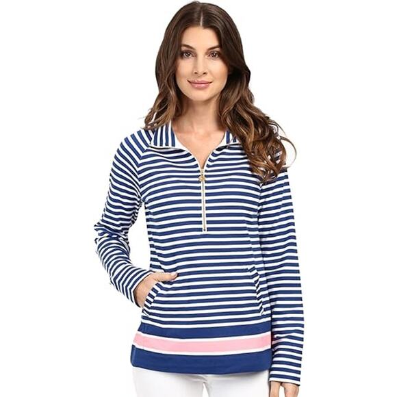 Lilly Pulitzer Skipper Popover Navy Blue Striped Half-Zip Sweatshirt Size XS - Picture 1 of 8